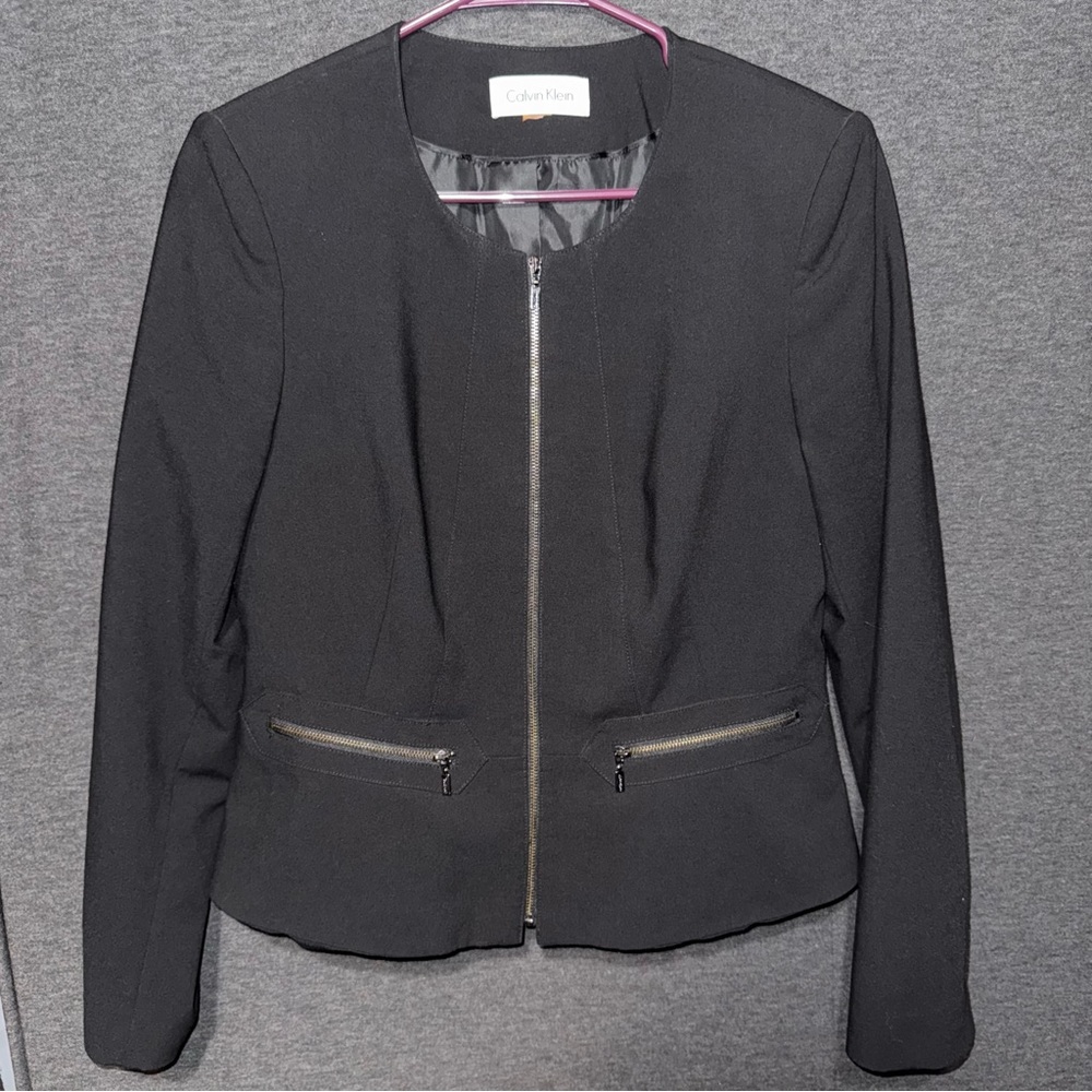 Calvin Klein Black Zip Front Peplum Blazer Jacket Women’s Size Small